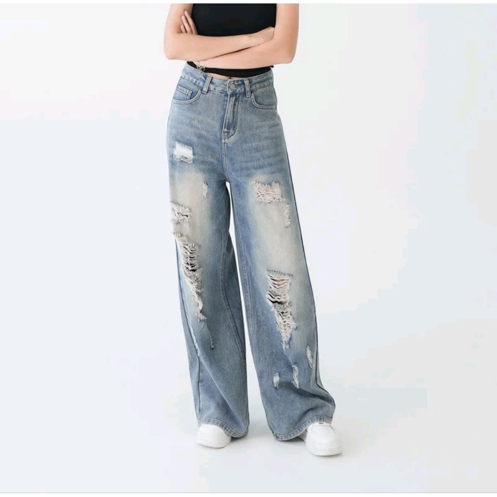 celana wide leg jeans reguler  wanita longgar ripped sobek kekinian