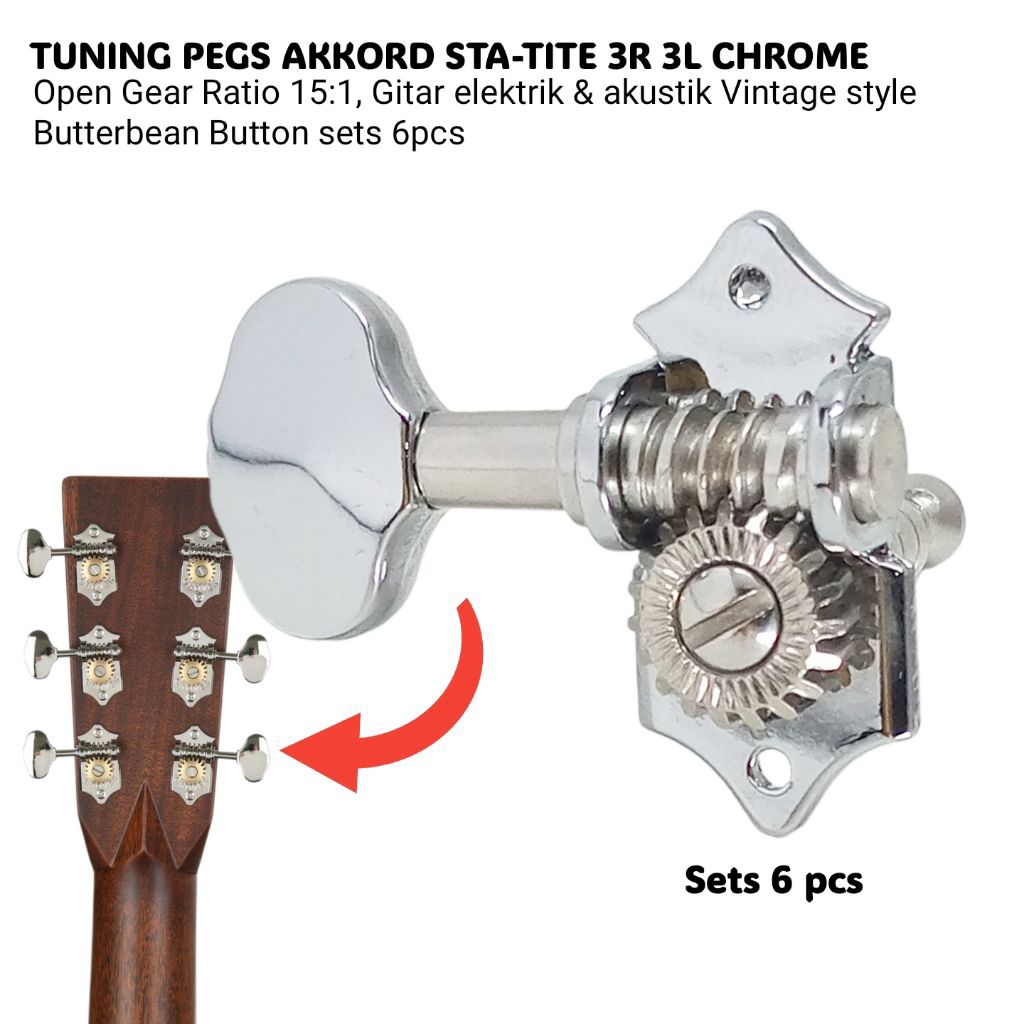‎Dryer Gitar Elektrik Akustik Tuning Peg Akkord Sta-Tite 3R 3L Vintage Style Butterbean Button Chrom