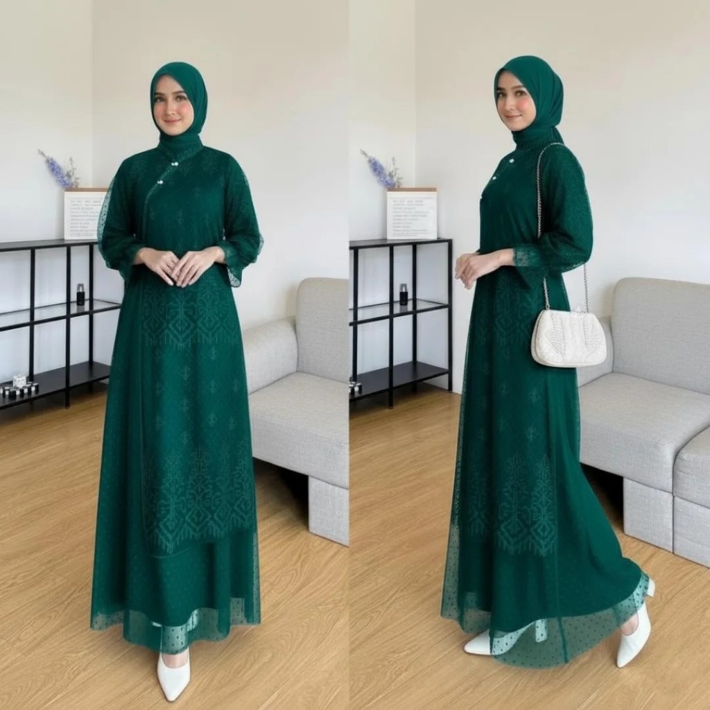 MAHIRA DRESS - Gamis Brukat Wanita Terbaru Dress Simple Elegant Bahan Velvet Mix Brukat Plus Tille