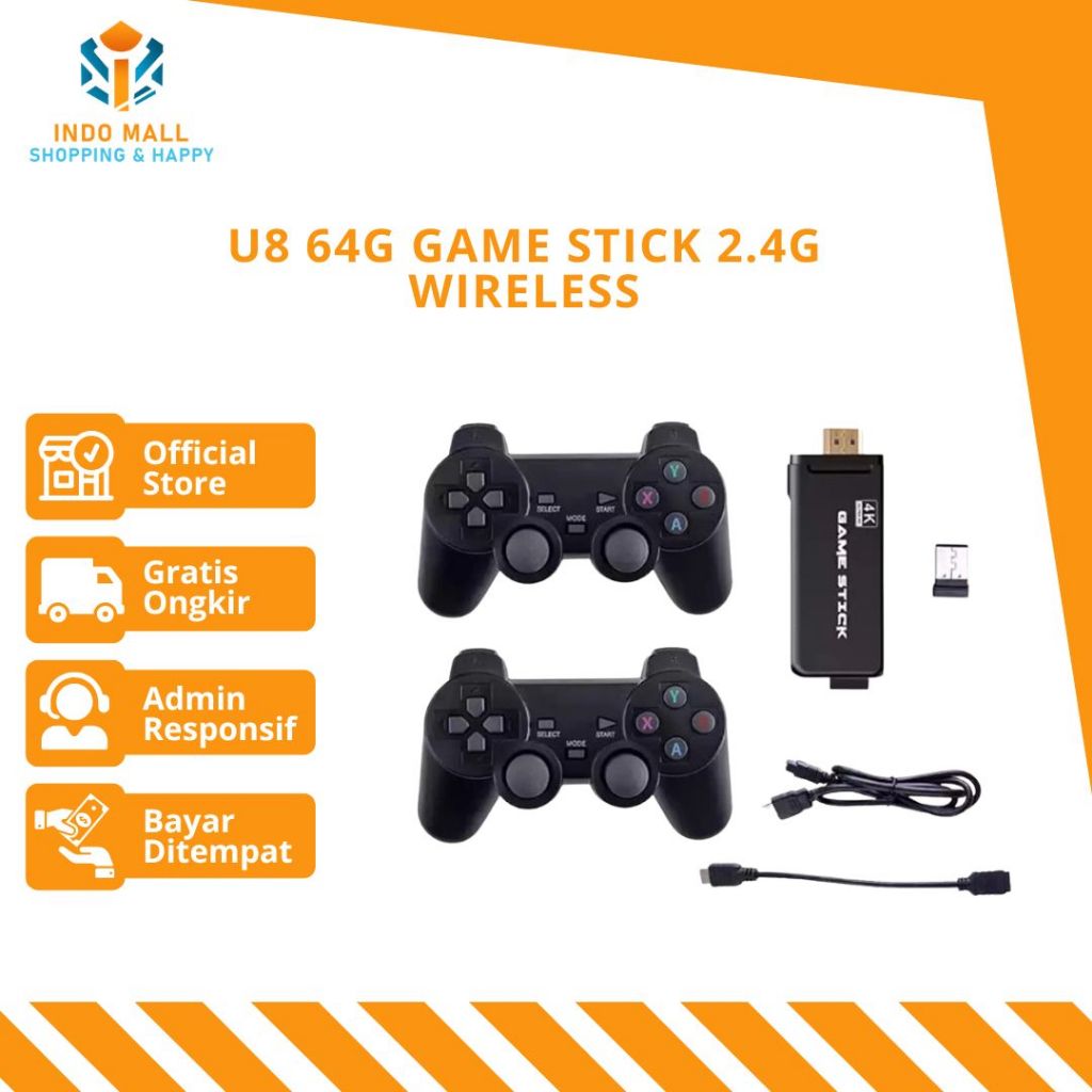 U8 64G Game Stick 2.4G Wireless Gamepad Controller Game 4K Game Stick Indomall