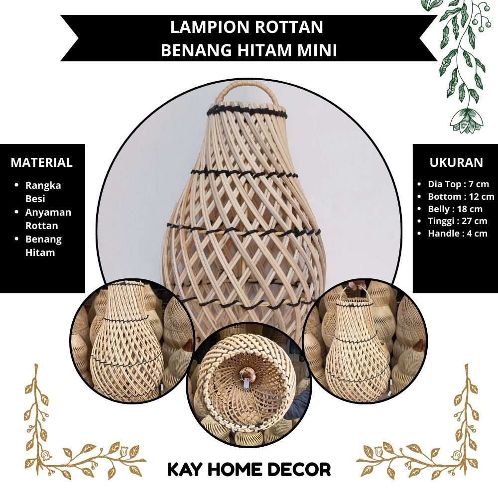 LAMPION ANYAMAN ROTAN BENANG HITAM MINI UNTUK DEKORASI - INCLUDE PACKING KAYU