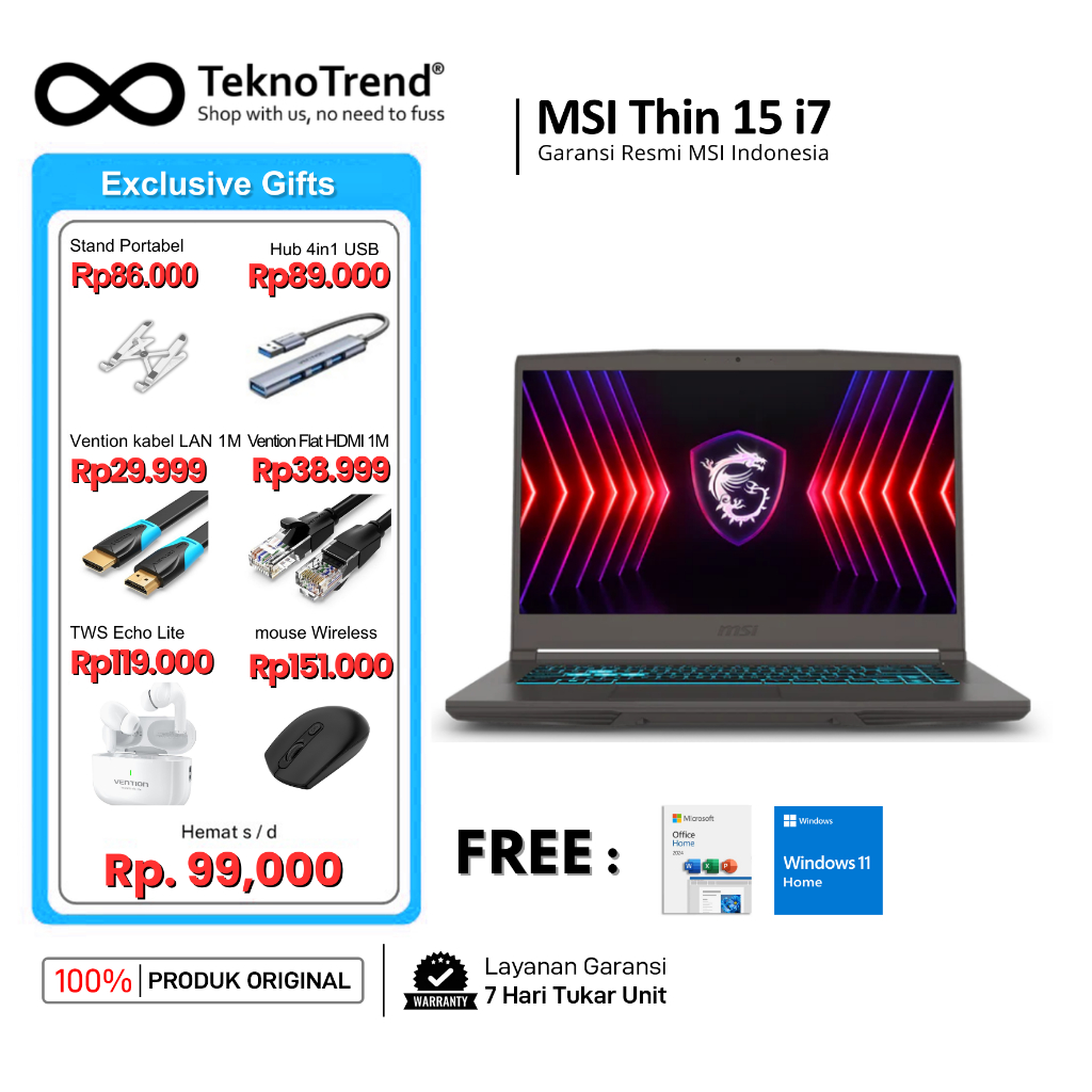 MSI GAMING THIN 15 I7 13620H 12650H RTX4050 RTX3050 16GB 512GB SSD NVME WINDOWS 11 15.6FHD - LAPTOP 