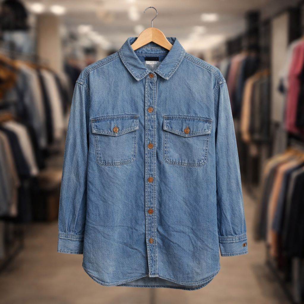 LOFT Original Oversized Denim Shacket (Shirt Jacket) Wanita | Kemeja Jeans Panjang Biru Muda Kancing