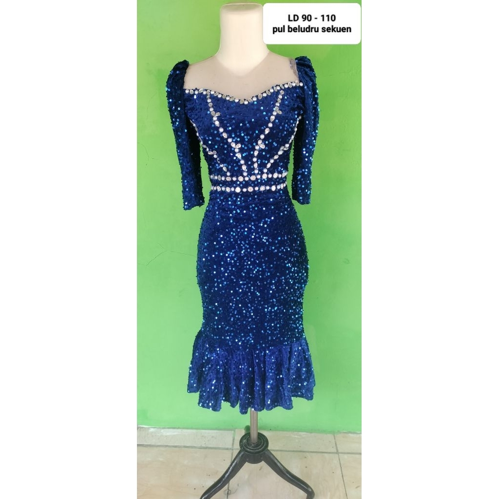 dress mewah pul beludru sekuen warna biru bca