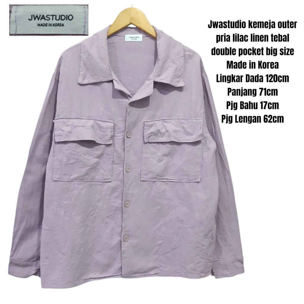 Jwastudio kemeja outer pria  lilac linen tebal open collar double pocket big size