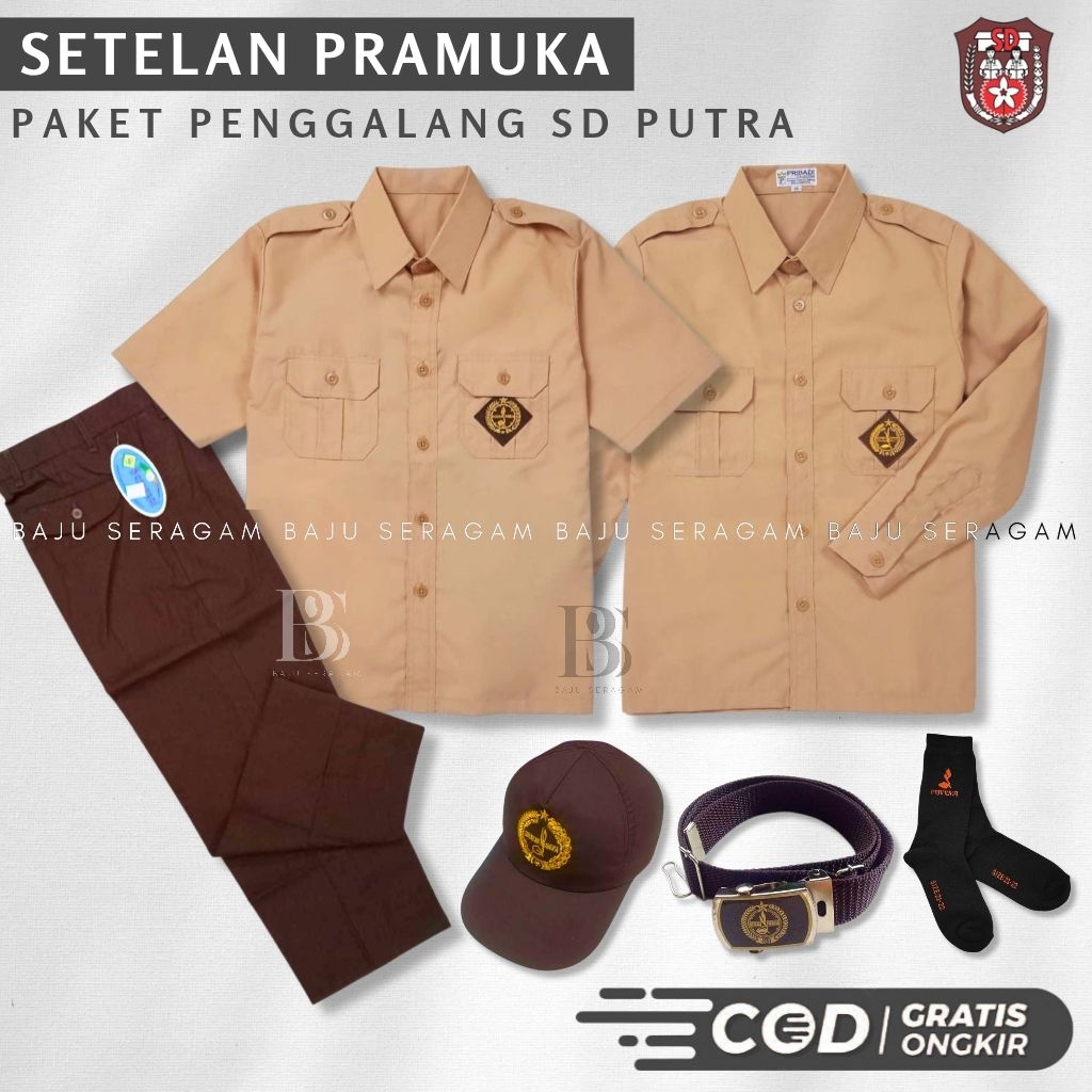 Baju Seragam Sekolah SD Pramuka Penggalang Setelan Pramuka Coklat Coklat Lengkap Baju Coklat Lengan 