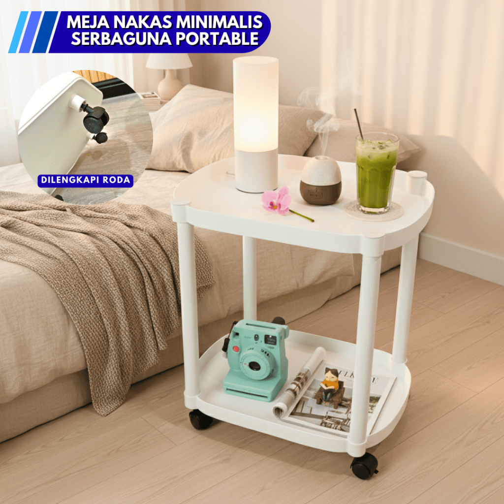 MEJA NAKAS OVAL MINIMALIS / MEJA KECIL MODERN SERBAGUNA 2 TINGKAT DENGAN RODA