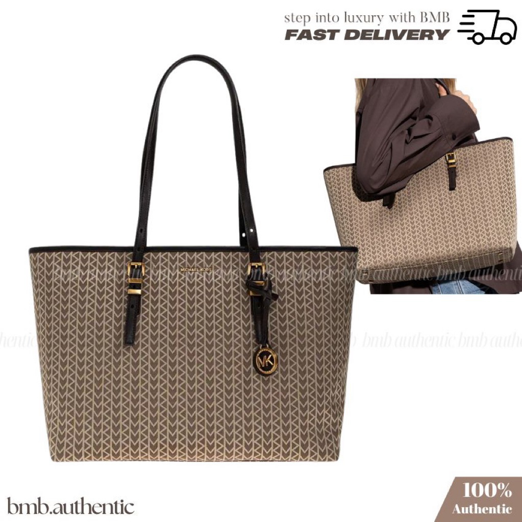 tote bag wanita / Quinn Large MK2000 Logo Jacquard Tote Bag Natural