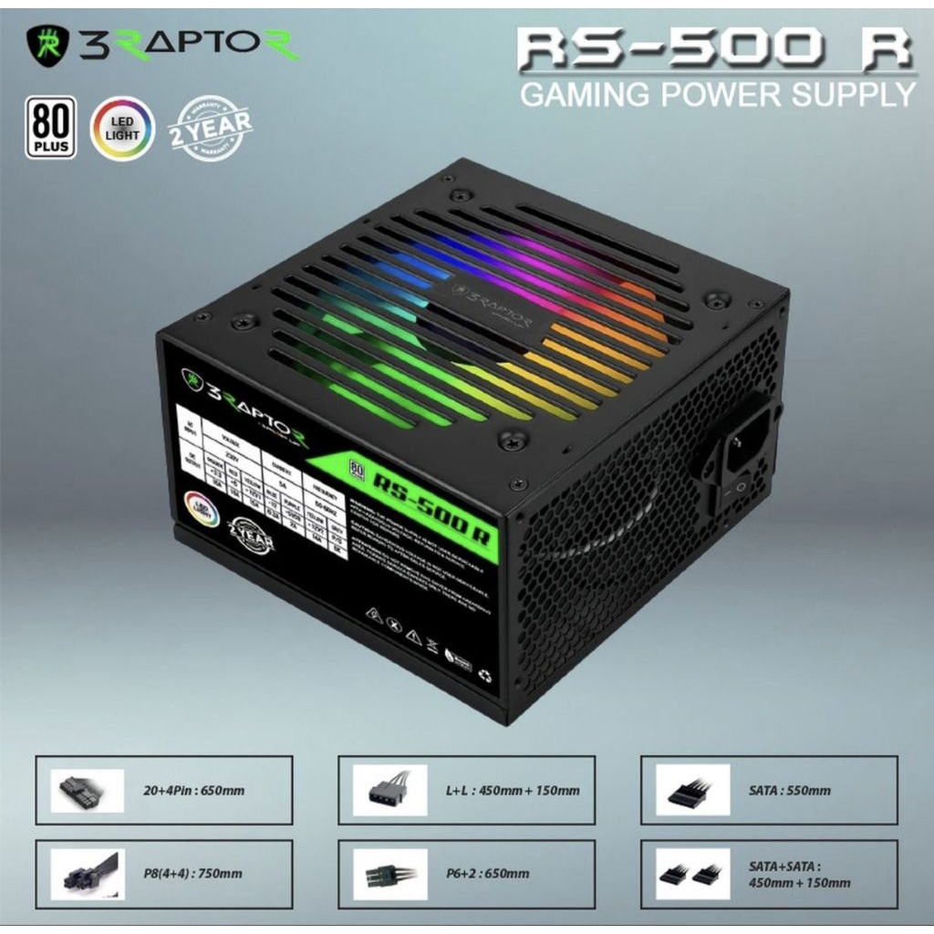 Power Supply PSU 3PowerUp RAPTOR RS-500R 500W Fan RGB Garansi Resmi