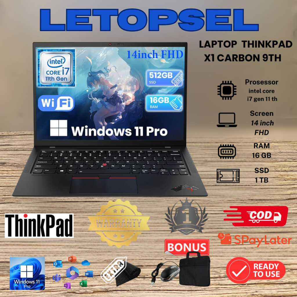 READY STOK  Lenovo THINKPAD X1 Carbon 9th Core i7 gen 11th Ram 16/512 SSD NVME BONUS TAS LAPTOP & MO