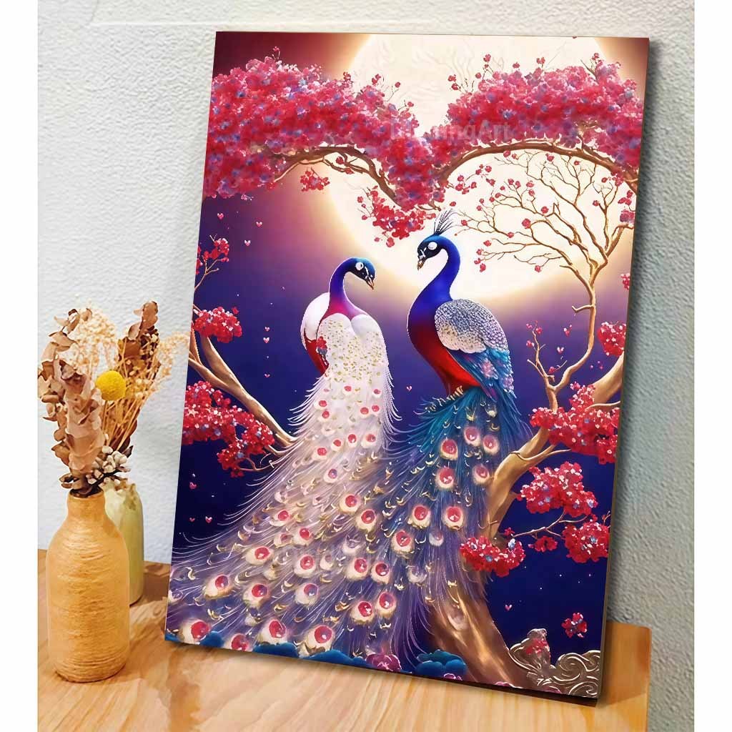 Lukisan Dinding Merak Romantis Pemandangan Bulan Purnama dengan Bunga Merah untuk Dekorasi Ruang Tam