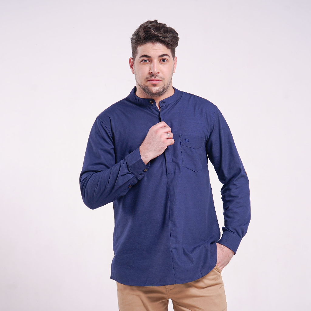 LUQMAN HAKIM - Kemko Hizam Navy - Kemeja Koko Pria Lengan Panjang Bahan katun oxford Premium - Baju 