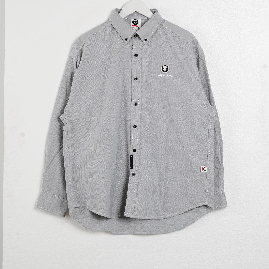 Kemeja AAPE NOW EMBROIDERY PATCH BLACK GREY LONG SHIRT 100% ORIGINAL