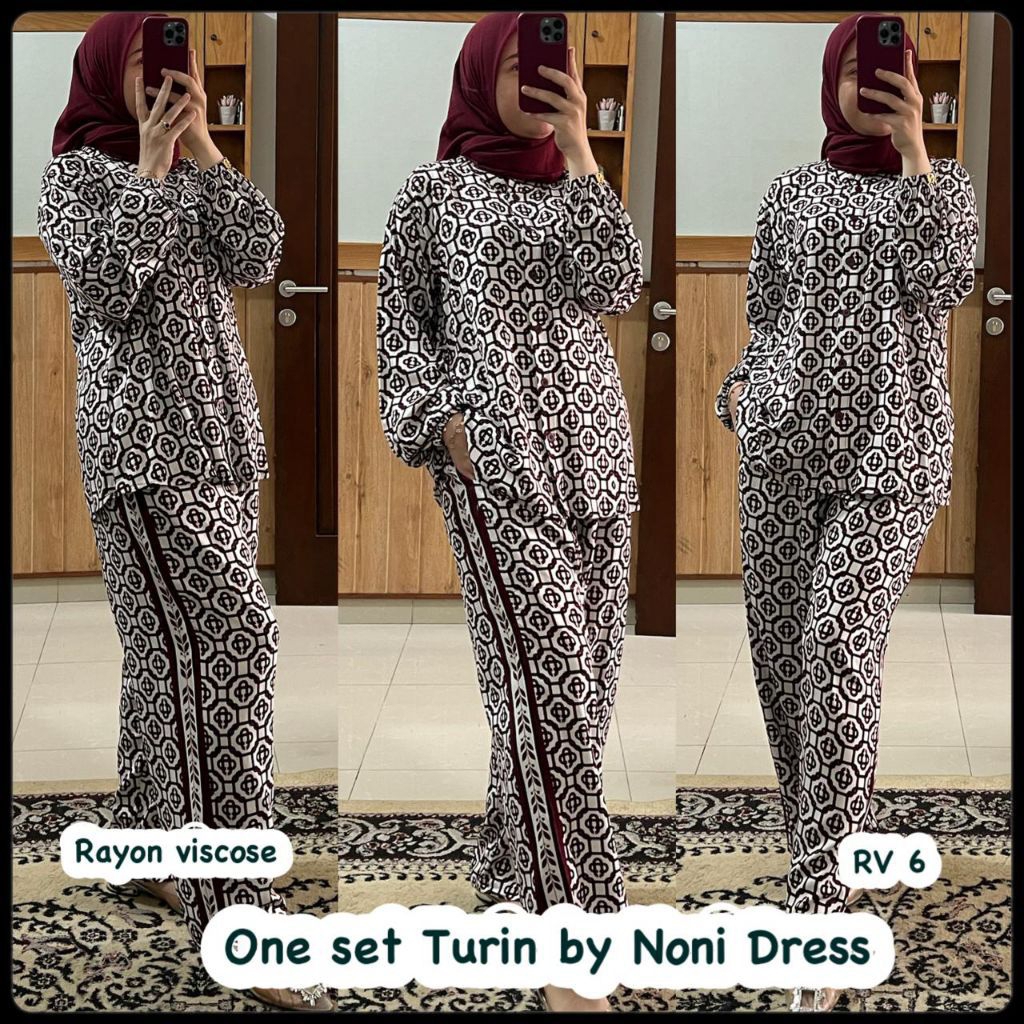 ReenaDaily (Jepara) One Set TURIN by Noni Dress Setelan Celana Rayon Viscose Motif Kekinian Original