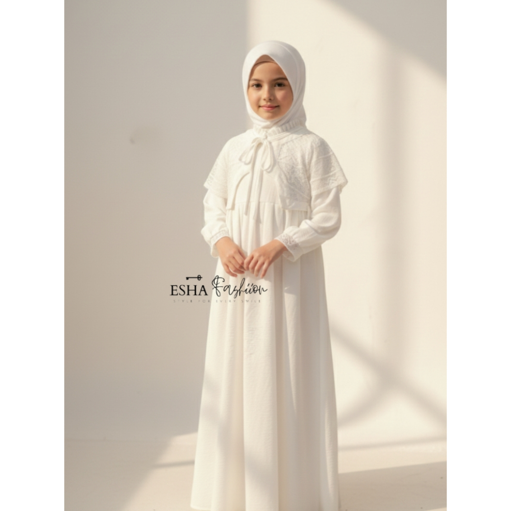 Safiya Dress | Gamis Anak Crinkle Kombinasi Brokat Elegan Tanpa Jilbab