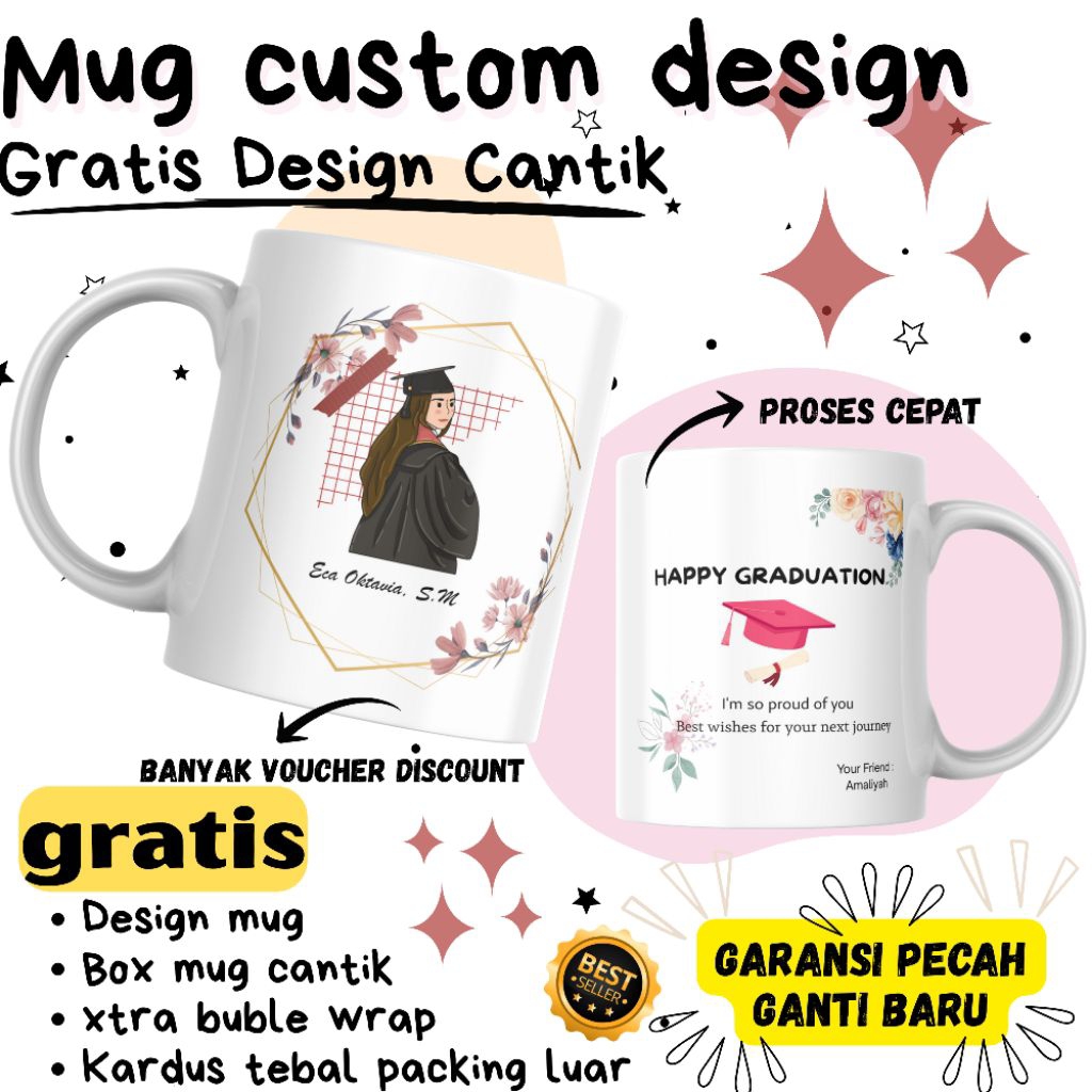 MUG Custom Wisuda - Gelas Custom Foto Nama GARANSI PECAH GRATIS Design Cantik Murah Berkualitas