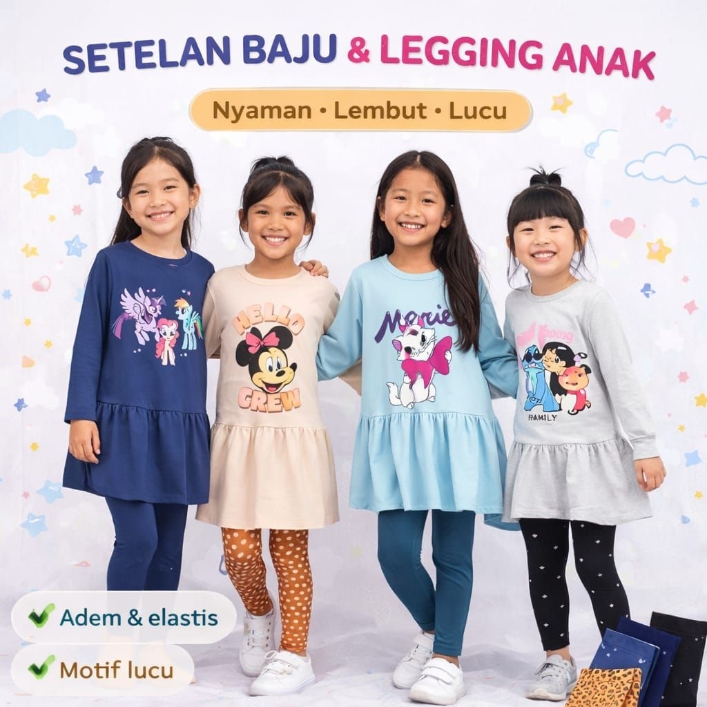 Setelan Dress Legging Anak Perempuan Import Style Motif Karakter Size 3-8 Tahun Set Baju Tunik Anak 