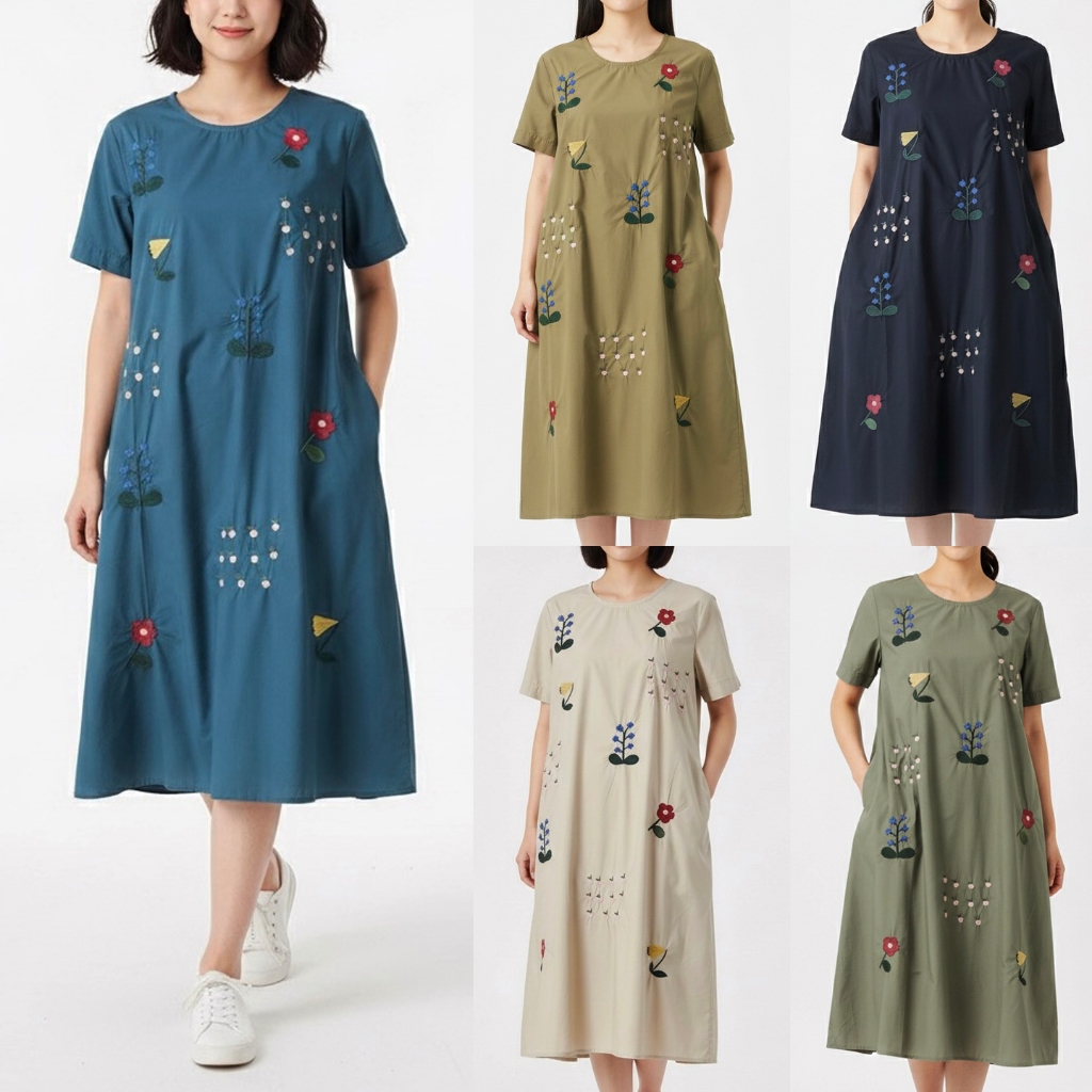DRESS OVERSIZE KATUN POPLIN BIRU TOSCA COKLAT NAVY KREM HIJAU KHAKI BORDIR BUNGA MARIMEKKO KOREA IMP