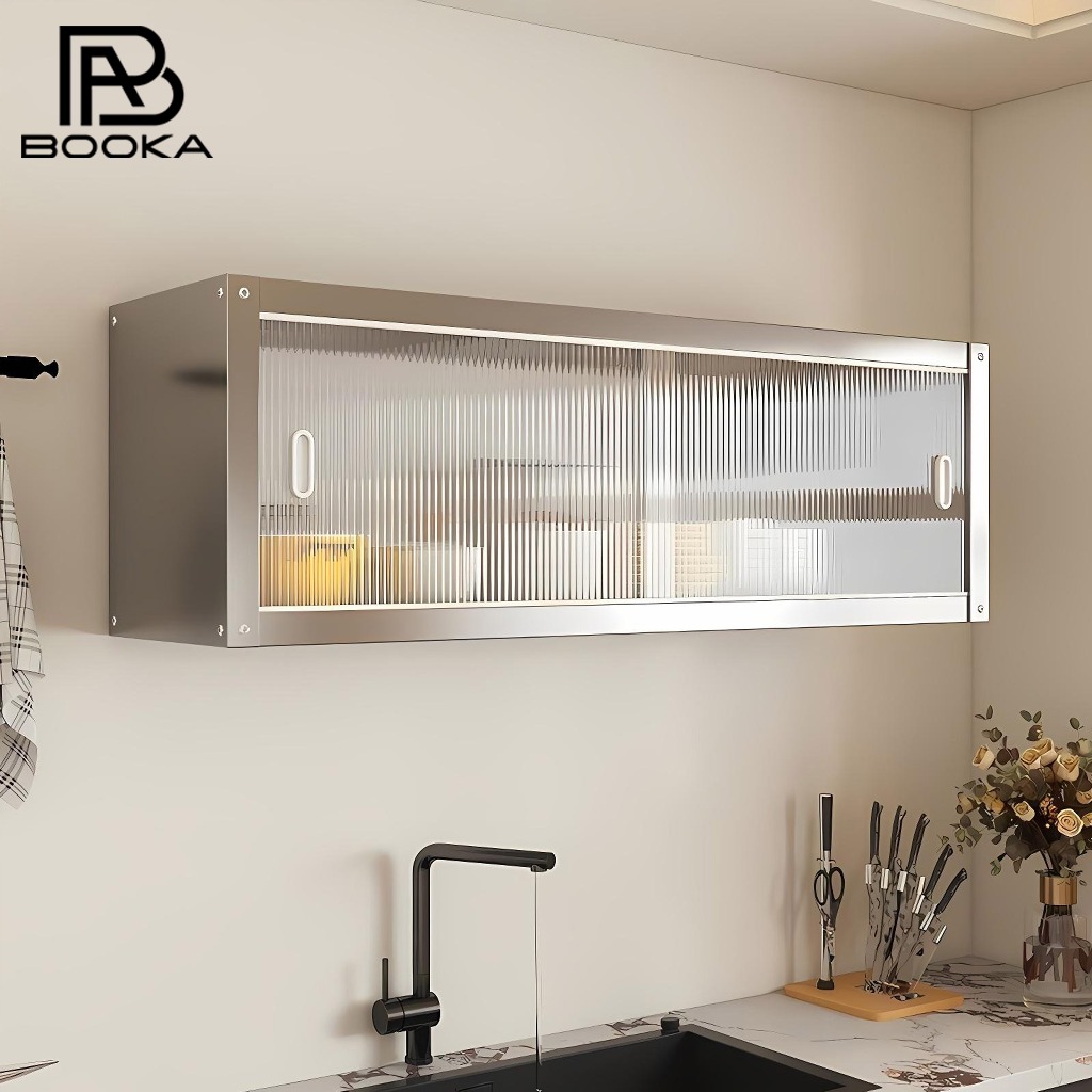 Lemari Dapur Dinding Stainless Steel Rak Penyimpanan Dapur Dengan Rak Bumbu Gantung Lemari Piring Ka