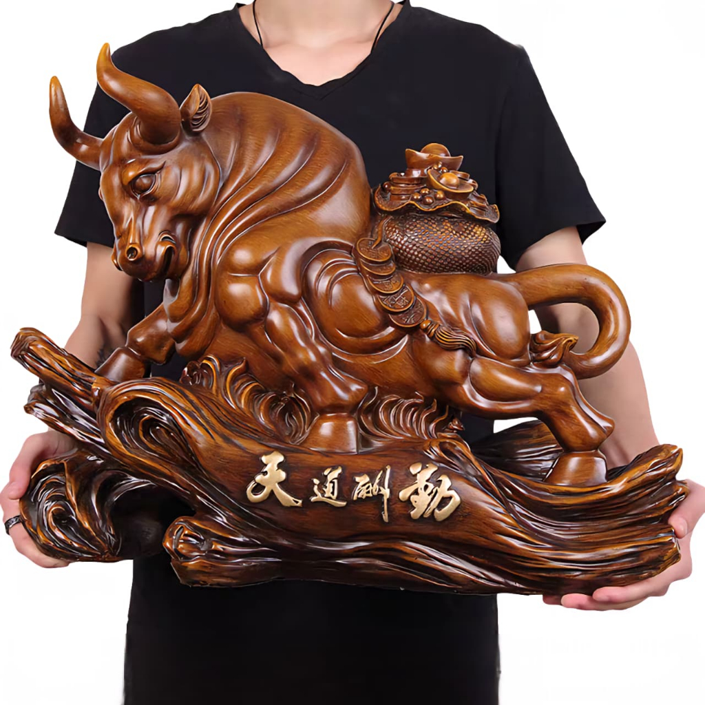 52cm Patung Emas Shio Kerbau Jumbo /Pajangan Shio Kerbau Kayu / Dekorasi Rumah Banteng Keberuntungan