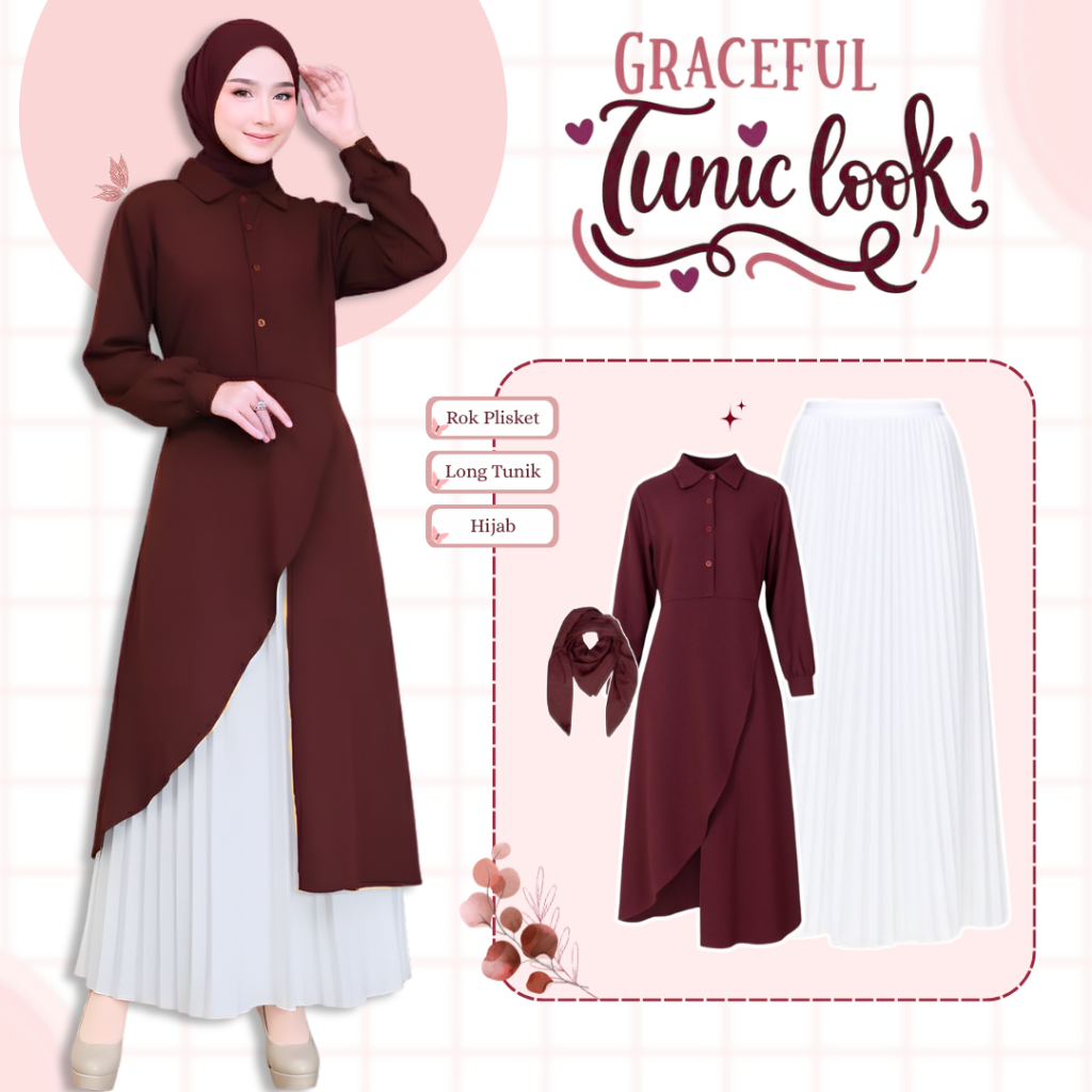 Ootd Long Tunik Wanita Fashion Hijab (Rok Plisket + Long Tunik + Hijab) Outfit Kondangan Simple Eleg