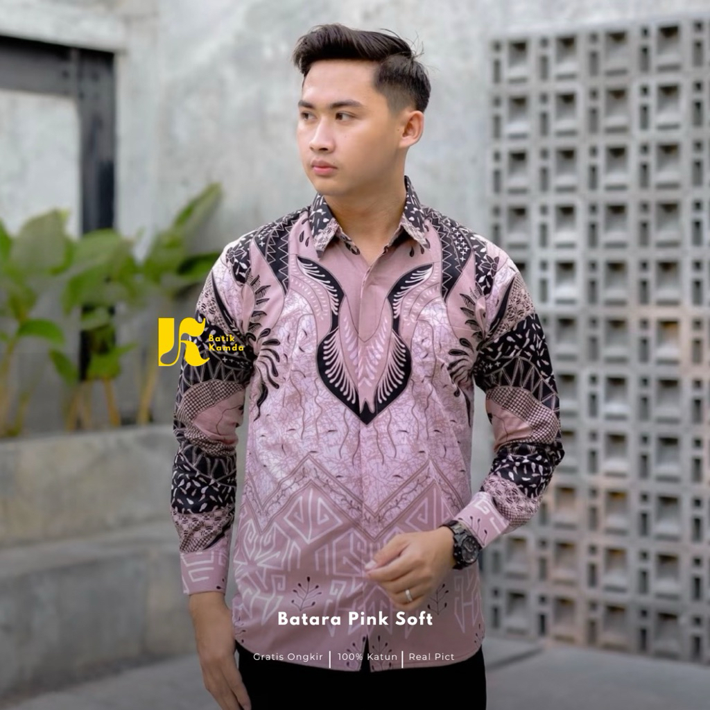 BATARA Pink Soft Rose Gold Kemeja Batik Pria Slimfit Lengan Panjang Lapis Furing Halus Premium