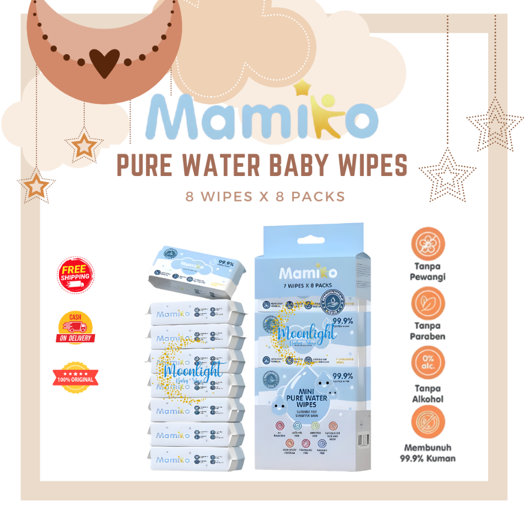 Mamiko Mini Pure Water Wiper 8 Wipes x 8 Packs - Tisu Basah Travel Size
