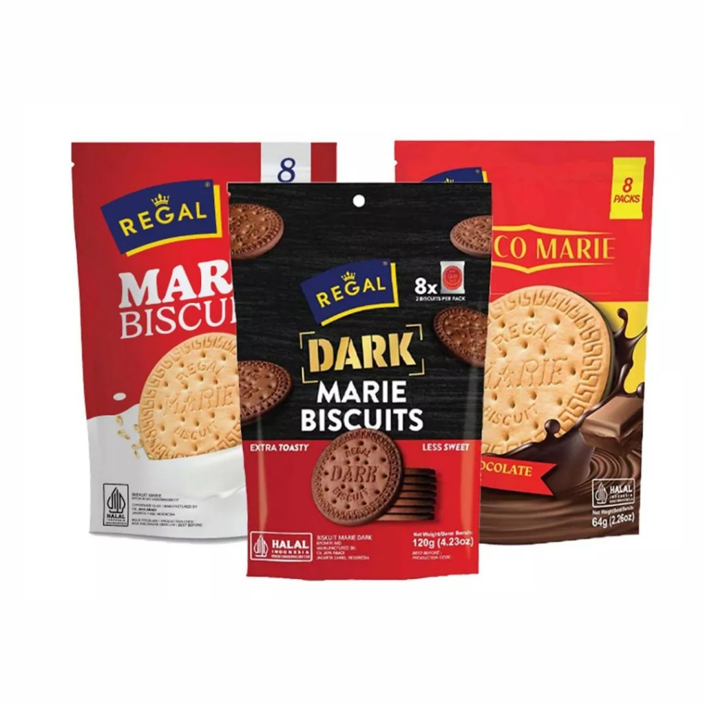 Regal Marie Biskuit Pouch isi 8 sachets - Marie Biskuit | Choco Marie | Dark Choco