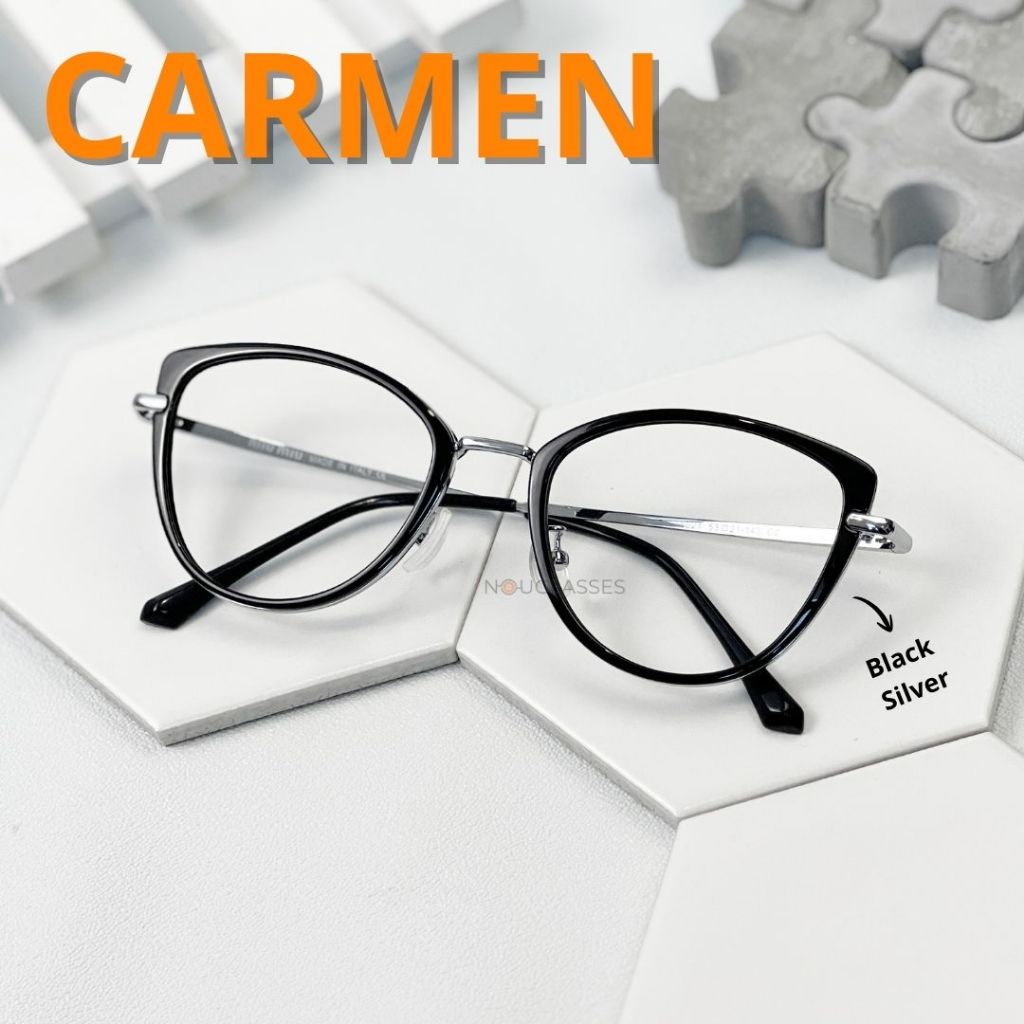 CARMEN (Black Silver) - Kacamata Perempuan Cat Eye Gadget Office Series Photocromic Antiradiasi Anti