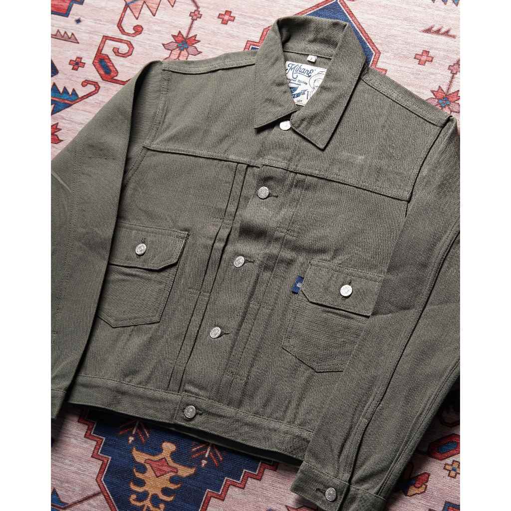 Mihane Jeans - Jacket Pria Denim Selvedge - EXT Type II 15oz Unsanforized Olive Herringbone Cinchbac