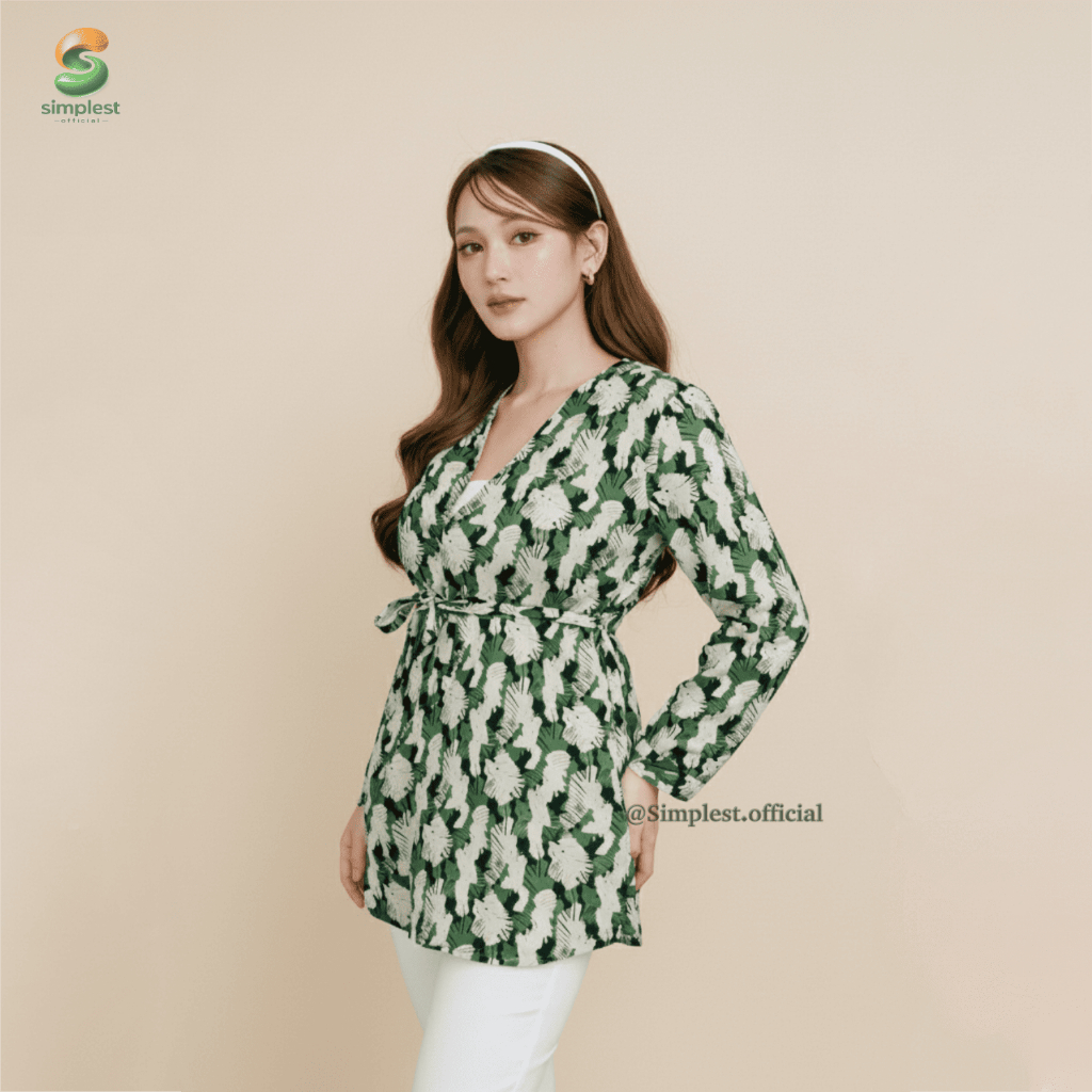 Tunik Blouse Hamil Wanita Motif Daun Hijau Sage / Atasan Kerja Bumil Lengan Panjang