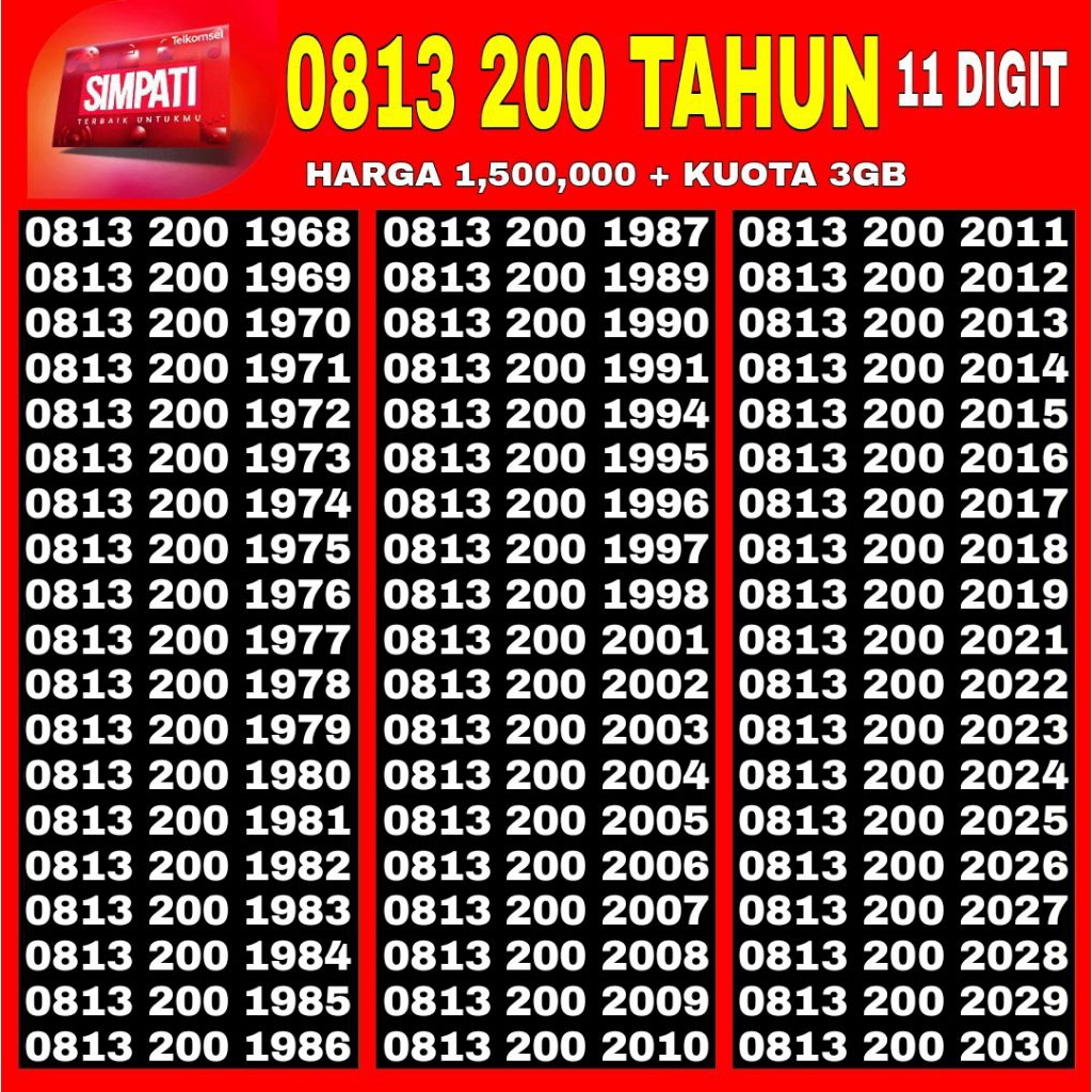 NOMOR CANTIK SIMPATI TELKOMSEL SERI TAHUN LAHIR 11 DIGIT