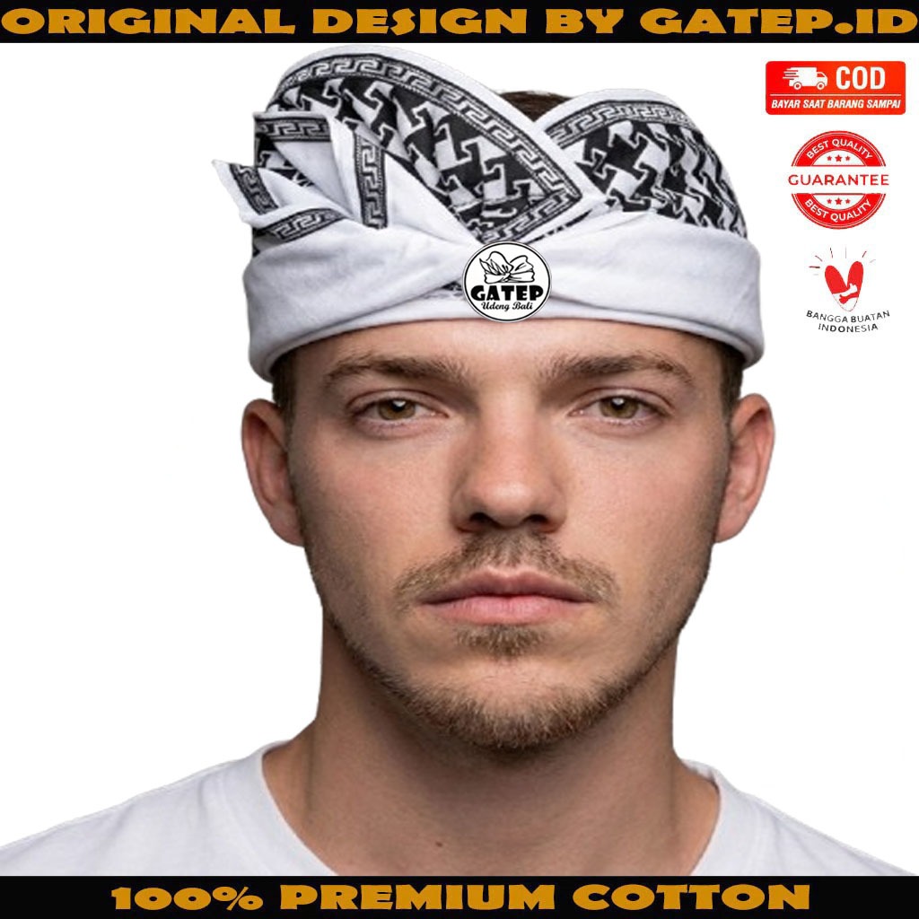 Udeng Bali Putih Polos Tepi Poleng Hitam Putih Setengah Jadi - Ikat Kepala Bali - Topi Bali