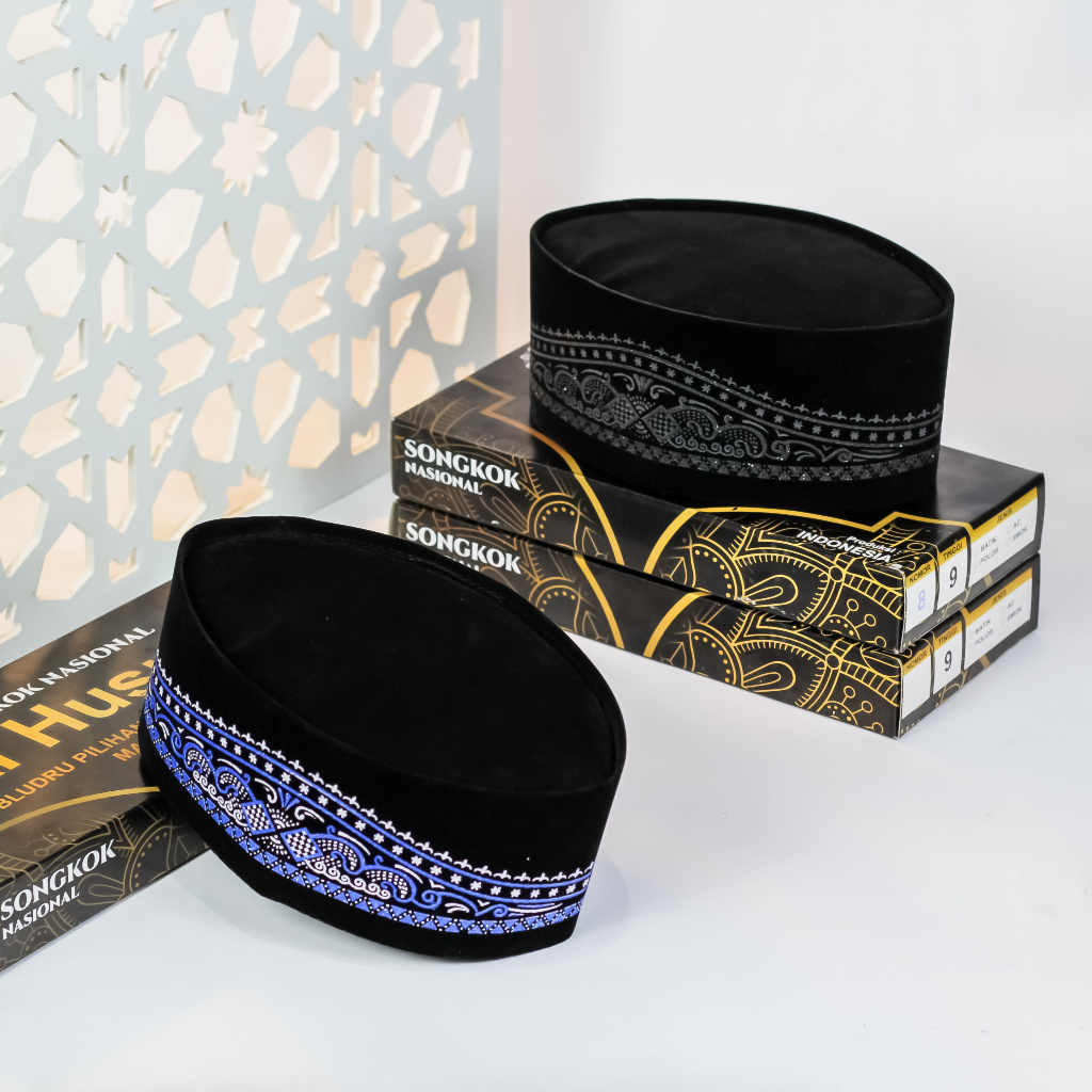 ALHUSNA - Peci Songkok Hitam Polos Motif Batik Premium (Bahan Bludru Halus Tahan Air) Kopiah Batik A