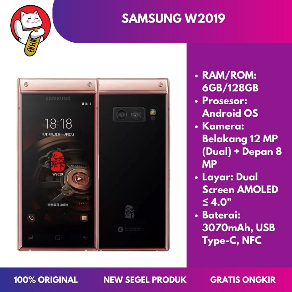 SAMSUNG W2019 4G LTE 6GB 128GB Dual Screen Flip Phone AMOLED NFC Baterai 3070mAh