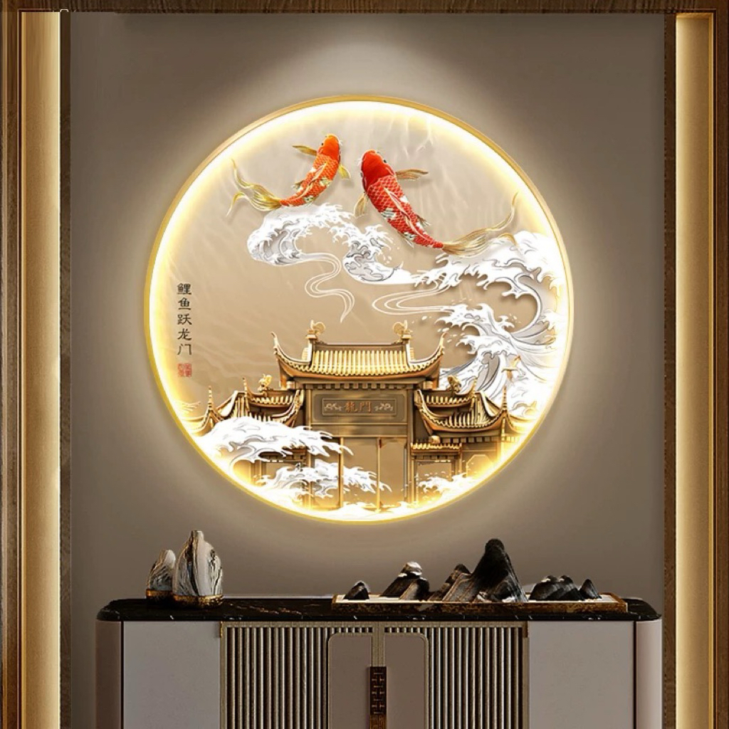 KOKOPAINTING Lukisan Porcelain Diamond Bulat Lingkaran 5D Kristal LED Motif Koi Gerbang Naga   / Luk