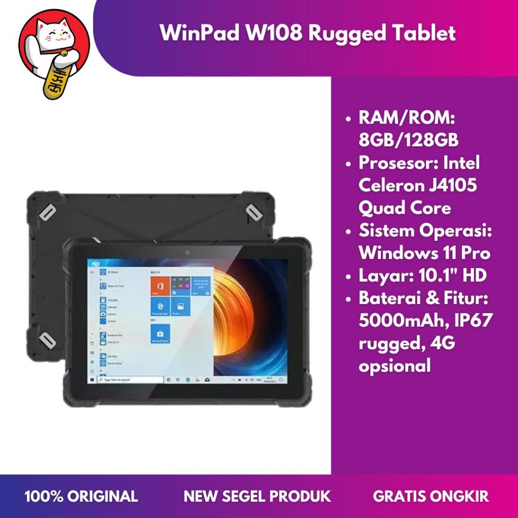 WinPad W108 Rugged Tablet 4G RAM 8GB ROM 128GB Windows 11 Pro Layar 10.1" HD Baterai 5000mAh