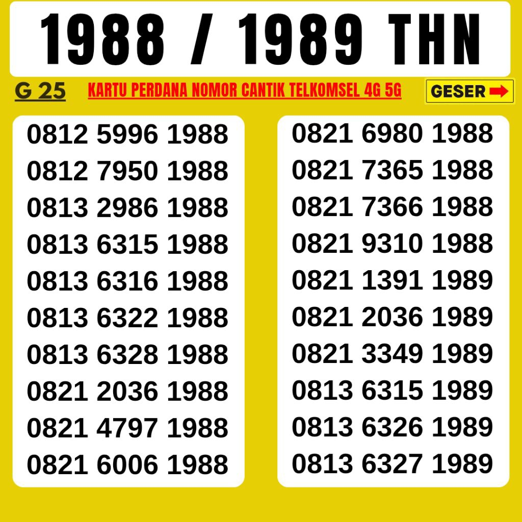 NOMOR CANTIK SIMPATI TELKOMSEL KWARTED 1988-1989 SUPPORT 4G LTE 5G NOCAN TELKOMSEL SIMPATI KWARTED T