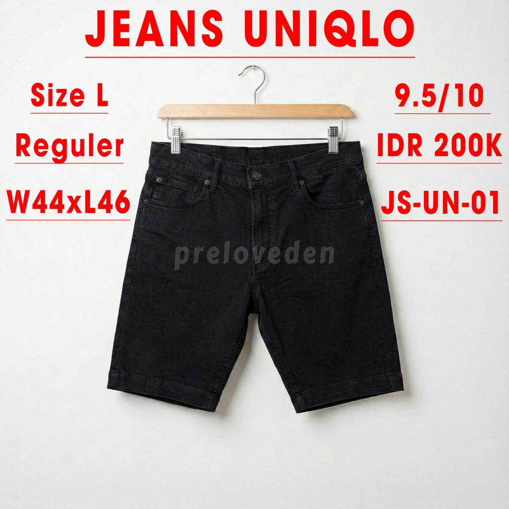 (Preloved) Celana Jeans Pendek Uniqlo Bawahan Pria Hitam Size L Reguler Fit Casual Denim JS-UN-01