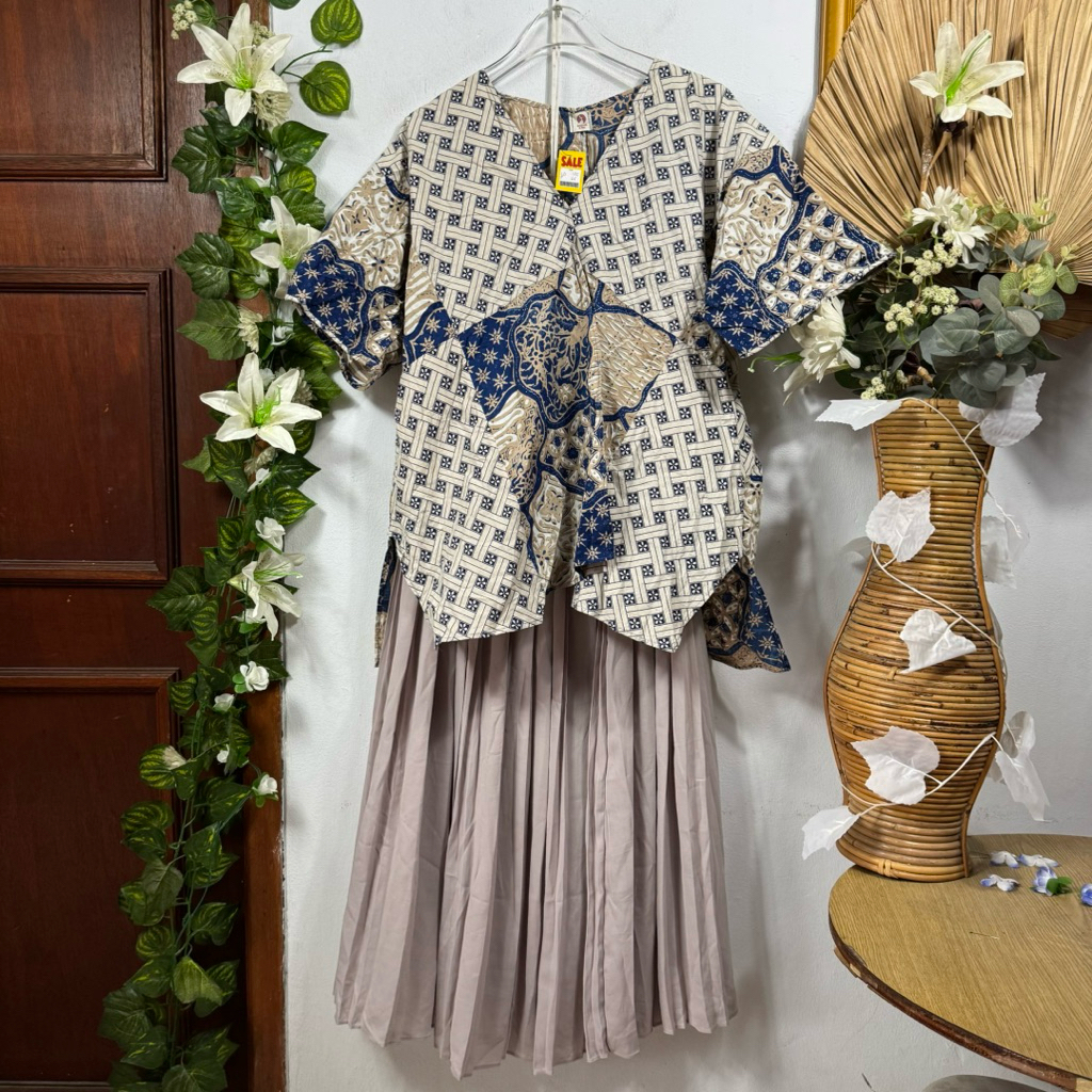 Set Batik Rok Plisket Wanita Atasan Katun Bawahan Plisket Navy Abu