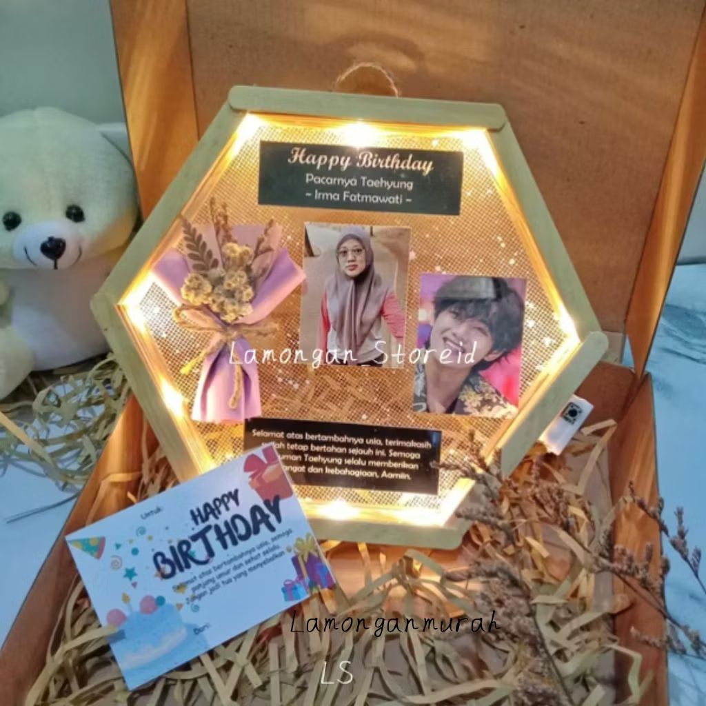 (Langsung Kirim) Hexa Stick Flower in Frame / Hampers Hexagonal Cetak Foto / Kado Valentine Wisuda A