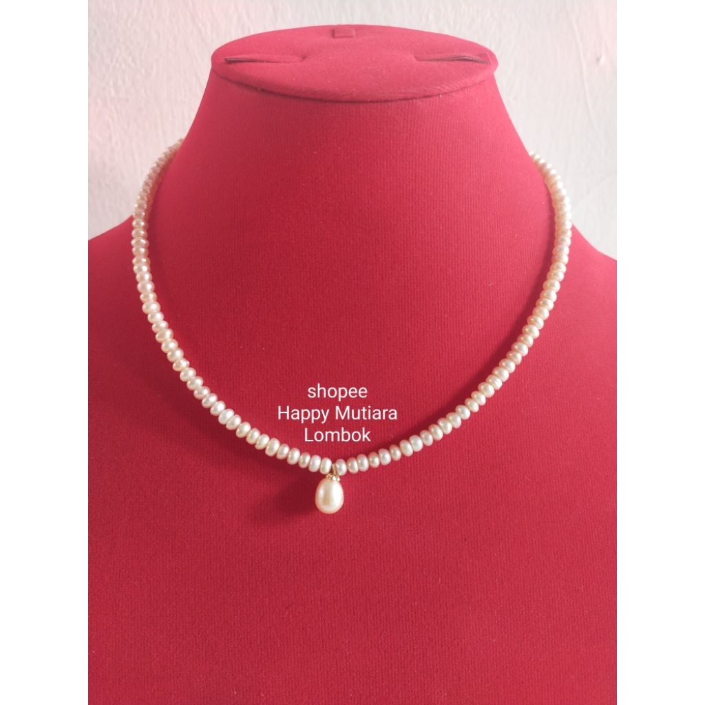 Kalung 40cm Mutiara Mini Kecil Liontin Oval Mutiara Asli Air Tawar Lombok