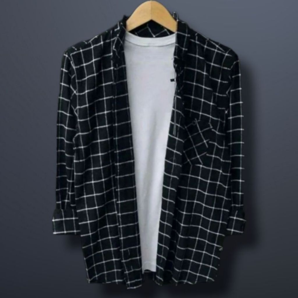 Kemeja Flanel Cowok Cewek Lengan Panjang Motif Kotak-Kotak Warna Hitam Garis Putih Ukuran M - 4XL Bi