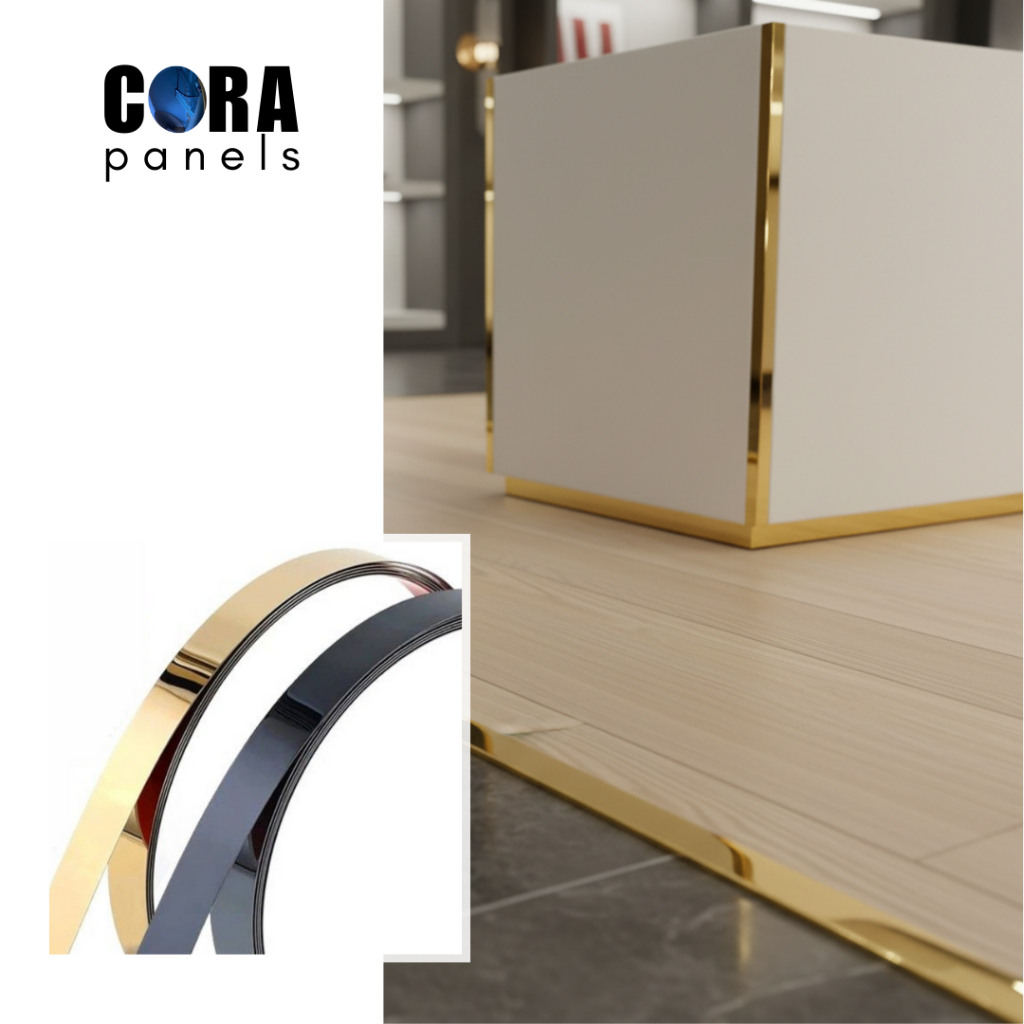 Alumunium Strip Stripes HPL Mirror Glossy Gold Black Silver Signage 400 meter m Lentur Interior Boot