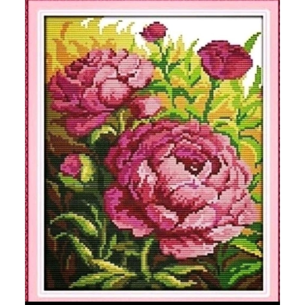 DIY PAKET KRISTIK BUNGA PEONI PINK CROSS STITCH KIT 14CT
