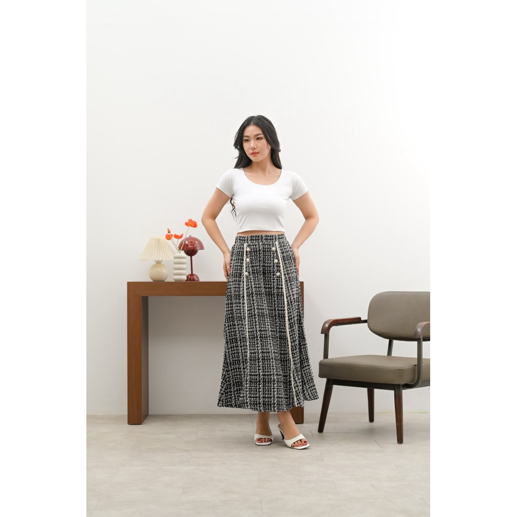 Atarable - Korean Vintage Tweed A-Line Button Long Skirt