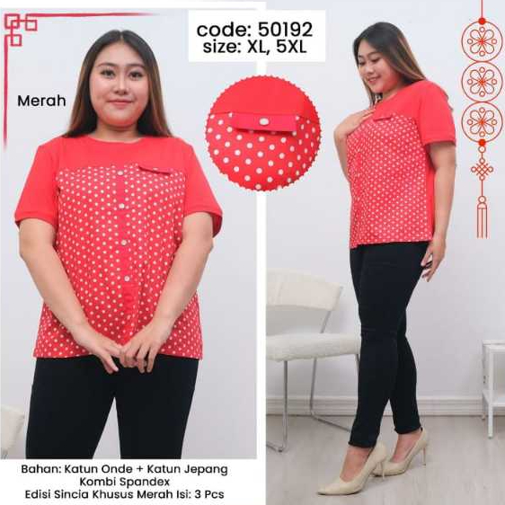 CUBIC Blouse Pendek Katun x Kaos Stretch Wanita 50192 Khusus Merah Size (XL Dan 5XL)