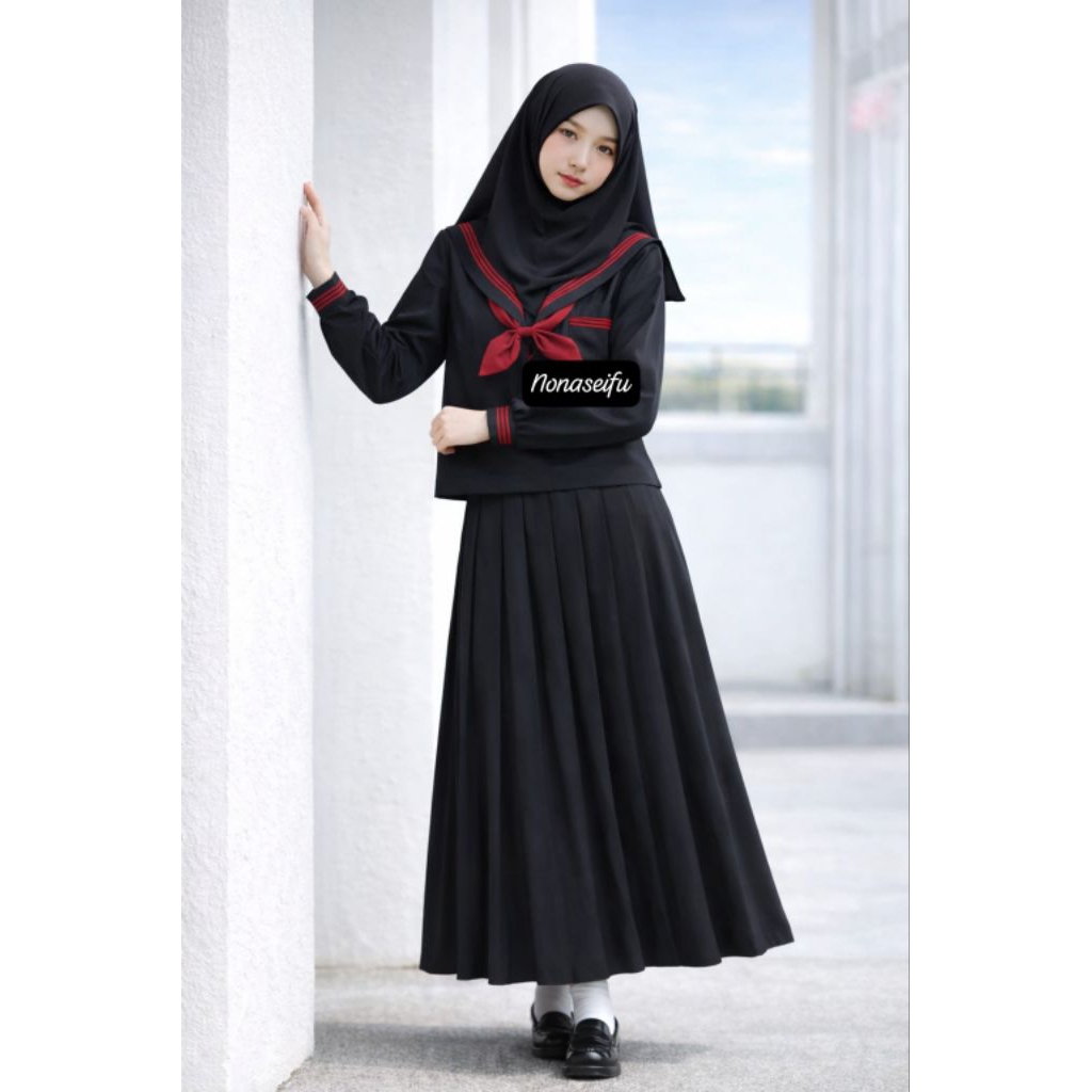 nonaseifu - ootd seifuku hijab setelan hitam list merah