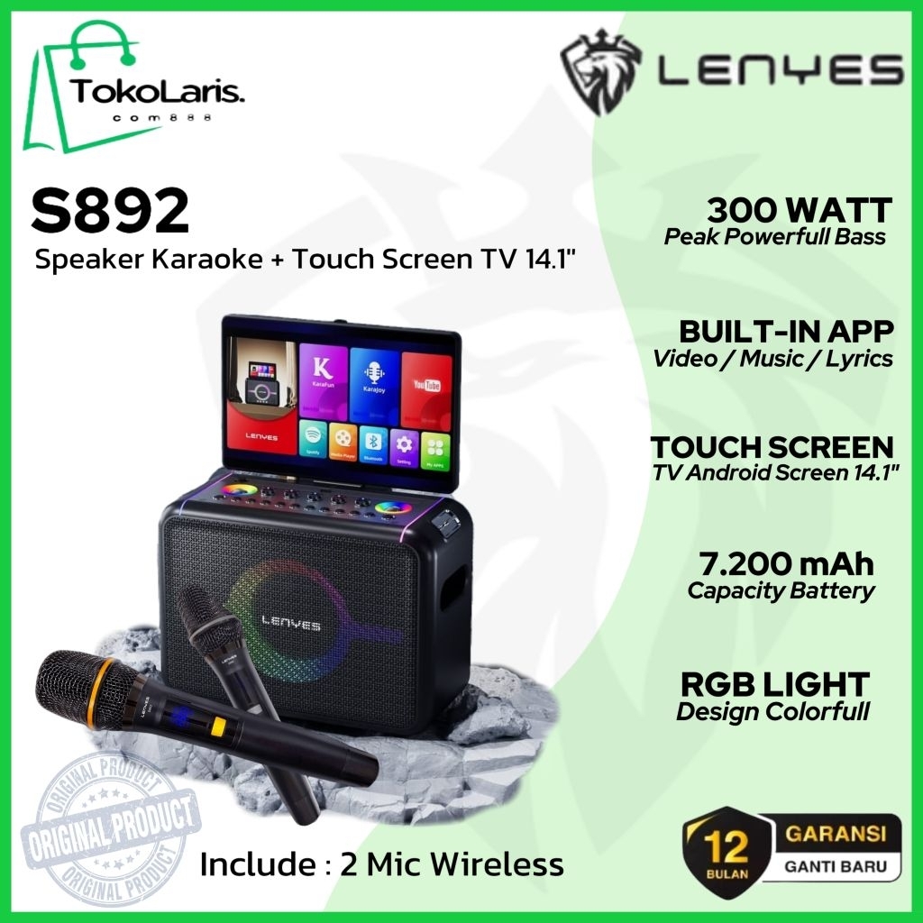LENYES S892 300W Speaker Karaoke Bluetooth Wireless + Smart TV Touch Screen Android 14.1" DSP Chip H