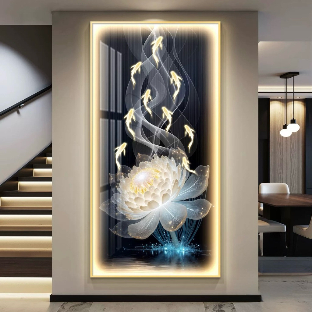 KOKOPAINTING Lukisan Porcelain Diamond 5D Kristal LED Motif 9 Ikan Koi Teratai Modern Minimalis / Lu